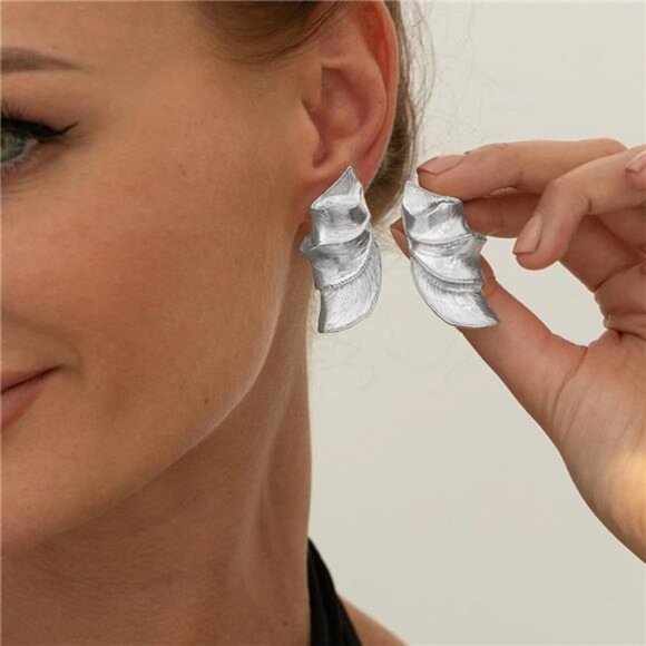 Gold Big Wavy Pleated Stud Earrings | Silver Irregular Geometric Statement - Picture 2 of 5